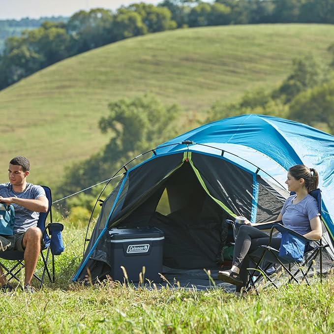 Coleman Carlsbad 4 Person Dark Room Dome Camping Tent with Screen Room E Ports Side Windows and WeatherTec System Teal Blue/Black