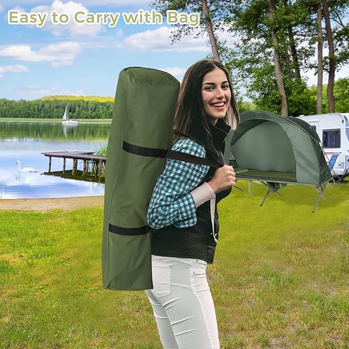 Tangkula 4-in-1 Camping Cot Tent Set Foldable Off Ground Elevated Tent for 1 Person Portable with Waterproof External Cover Air Mattress &amp Carrying Bag Ideal for Outdoor Hiking Camping