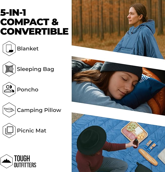Tough Outdoors 5 in 1 Camping Poncho - Packable Blanket - Wearable Sleeping Bag Adult - Sleeping Bag Poncho - Waterproof