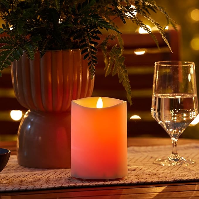 Luminara Outdoor Flameless LED Coloring Changing Candle Melted Edge 3.75 x 5.3 Real Moving Flame Battery Operated Timer Plastic Weather-Resistant