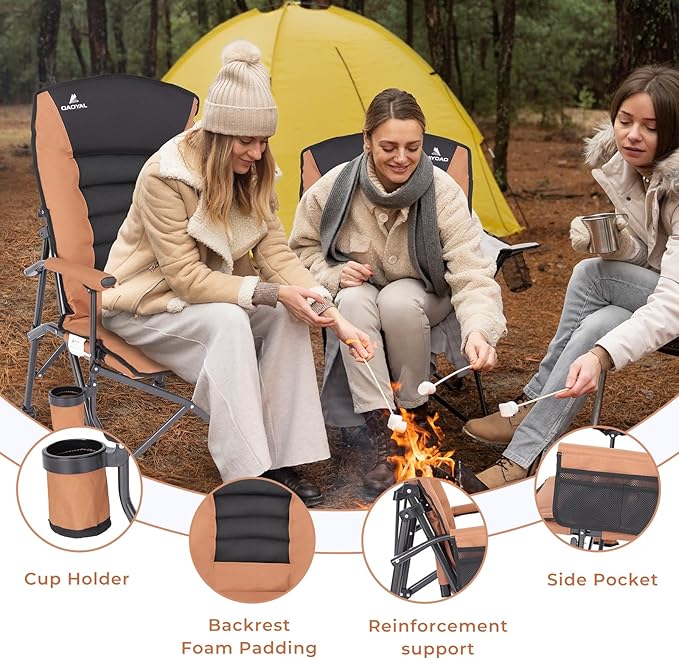 Camping Chairs for Adults Adjustable Backrest Heavy Duty Oversized Folding Camping Chair Supports 350lbs for Outside with Cup Holder&ampSide Pocket Outdoor Folding Camp Chair with High Back (Brown)