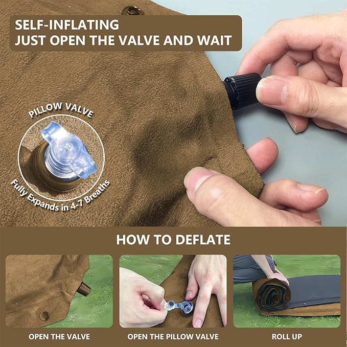 Double Camping Sleeping Pad with Pillow 2 Memory Foam Camping Mattress 2 Person 5R Insulated Self Inflating Camping Pad Air Mattress Inflatable Sleeping Mat for Tent Backpacking Hiking (Khaki)