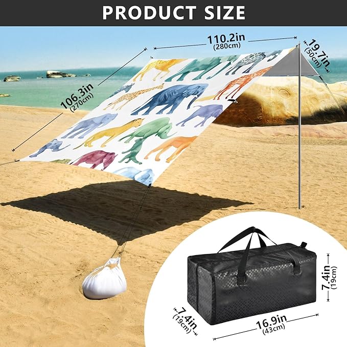 African Animals Silhouettes Seamless Pattern Camping Sun Shelter Beach Tent Portable Beach Sun Shade Outdoor Canopy for Camping Trips Fishing Picnic