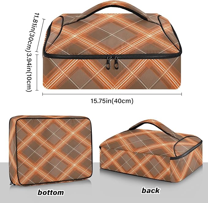 Casserole Carrier Brown Orange Tartan Insulated Casserole Carrier for Hot or Cold Food Thermal Lunch Tote for Parties Picnic Travel Carry Bag
