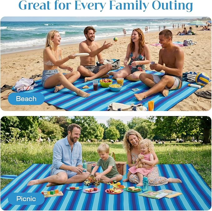 OIGAE Oversized Beach Blanket 9×10 ft Sand-Free Outdoor Mat for Groups Quick-Dry Picnic Blanket with Stakes &amp Corner Pockets Blue Stripe