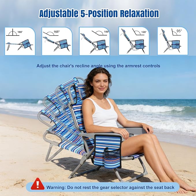 Lightweight Portable Beach Chair for Adults 350 LBS Capacity Backpack Beach Chair Reclining Beach Chair with 5-Position Lay Flat Large Cup Holder for Beach Camping Sports 1 Pack