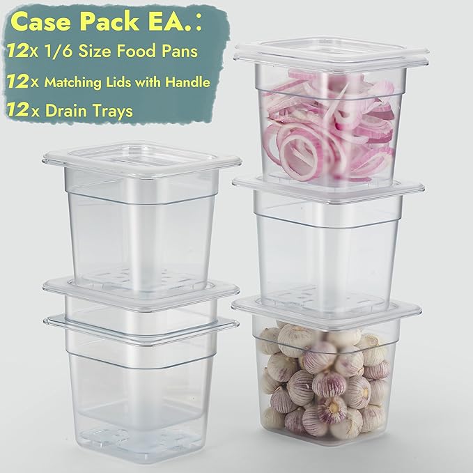 CURTA 12-Pack 1/6 Size 6 Deep NSF Polycarbonate Food Pan with Notched Lid &amp Drain Tray | Dishwasher &amp Freezer Safe Clear Container for Prep Tables Buffet Salad Bar Commercial Kitchen