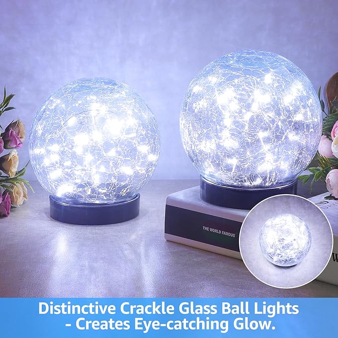 2-Pack Garden Solar Lights Outdoor Cracked Glass Ball Light Waterproof Decorative Solar Powered Globe Lighting Cool White for Yard Pathway