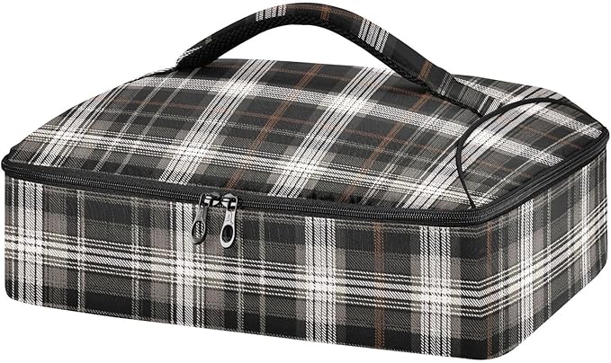 Casserole Carrier Black Brown Tartan Plaid Pattern Print Insulated Casserole Carrier for Hot or Cold Food Thermal Lunch Tote for Parties Picnic Travel Carry Bag