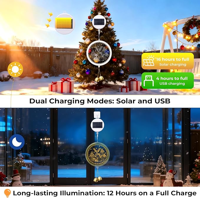 Solar Reindeer Light - Outdoor/Indoor Christmas Decoration with Carved Design Auto On/Off USB Backup for Window Garden Patio