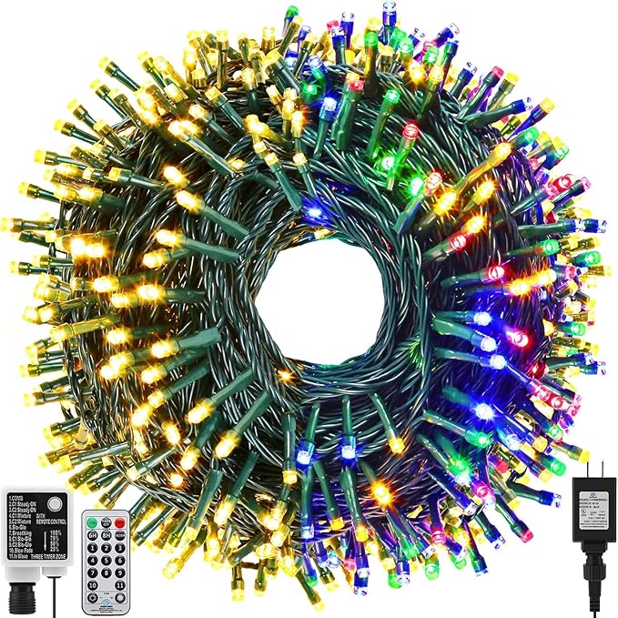 QUWIN Outdoor Christmas String Lights 180Ft 500 LED UL Certified 11 Lighting Modes Indoor &amp Outside Christmas Tree Lights for Christmas Tree Patio Holidays Party ﻿