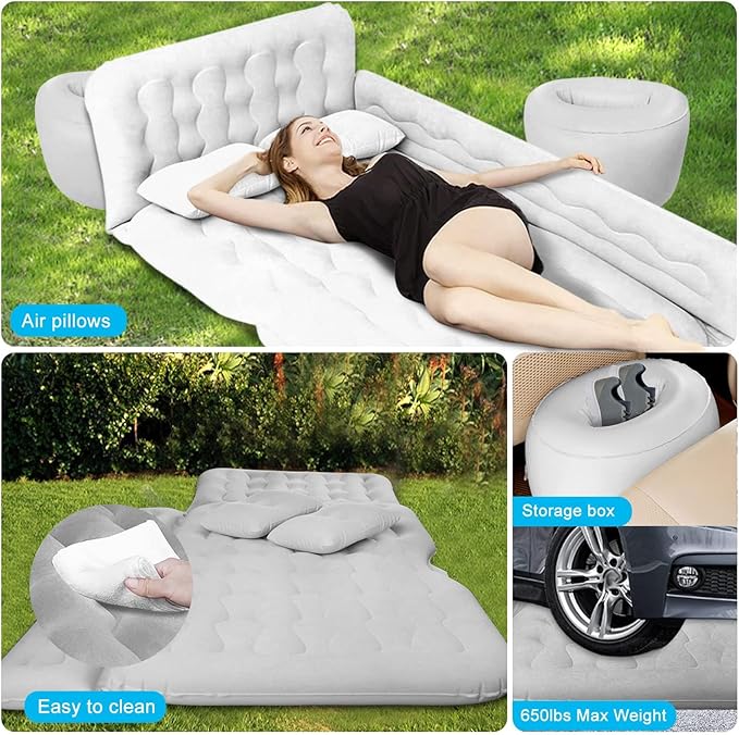 ISWEES Car Bed SUV Air Mattress Car Air Mattress with Electric Pump 2 Inflatable Pillows and 2 Footrests for Back Seat Side SeatTrunk Sleeping Thickened Camping Bed - Grey
