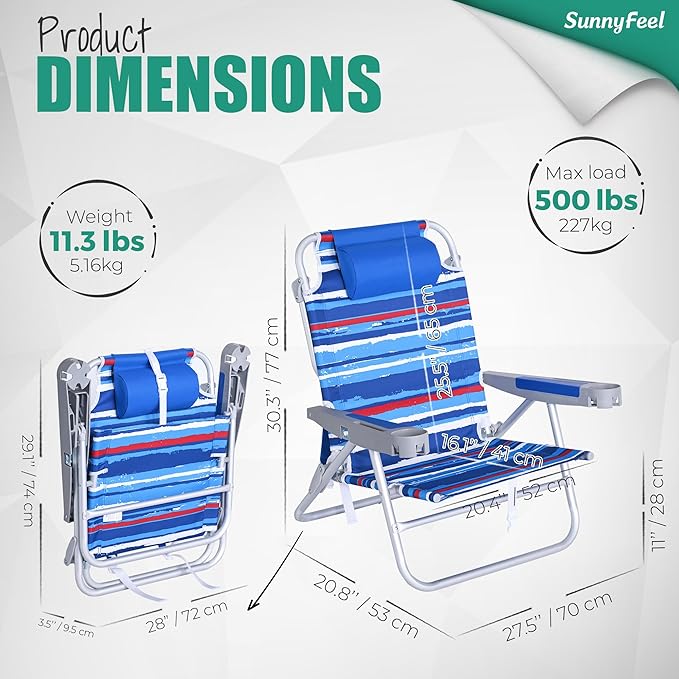 SUNNYFEEL Extra Wide Low Beach Chair 5 Position Lay Flat 500 LBS Heavy Duty XL Oversized Portable Folding Camping Chairs with Cup Holder for Outdoor/Trip Lightweight Backpack Beach Chair for Adults