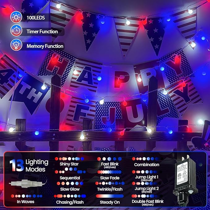 Connectable Red White and Blue String Lights Outdoor Indoor 42FT 100LED 4th of July Decorations Plug in with Timer 13 Modes Patriotic Globe Waterproof Fairy Lights for Independence Day Memorial Day