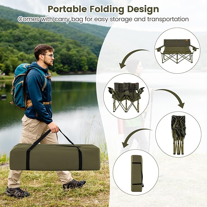 Goplus Double Camping Chair for Adults Low Outdoor Folding Loveseat Couch Chair w/Cup Holders Thick Padding Heavy-Duty 2 Person Lawn Chair for Beach Picnic Travel Supports 660 LBS(2-Person Seat)