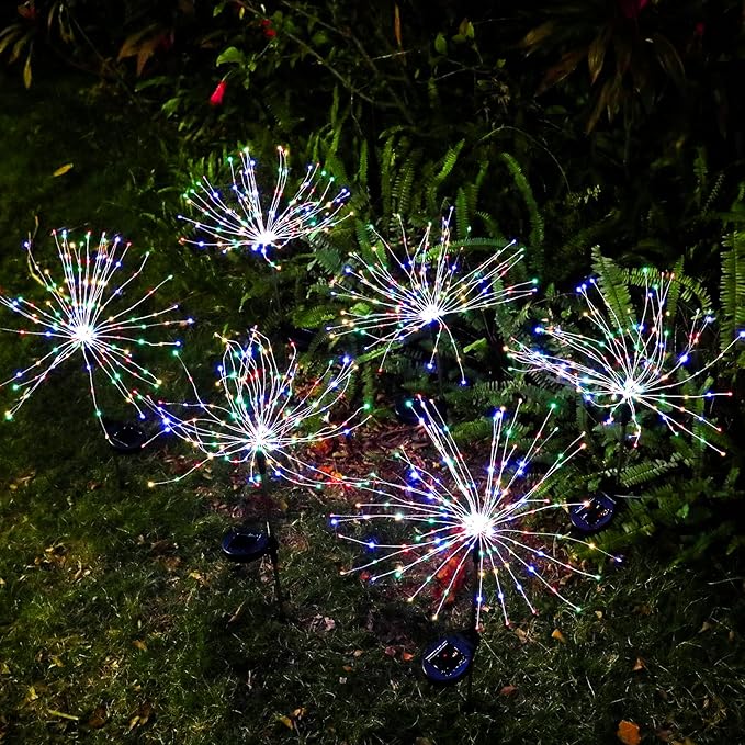 FOOING 6 Pcs Solar Garden Lights Solar Firework Lights 200 LED String Light 2 Modes Twinkling Nightlight for Outside Wedding Party Patio for Home Decor (Colorful)