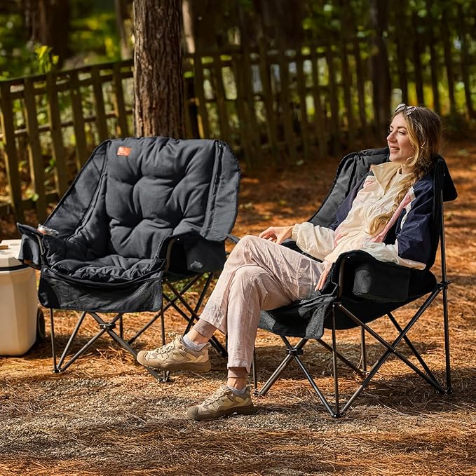 EVER ADVANCED 2 Set Camping Chair with Detachable Cushion Mesh Chair for Adults Foldable Oversized Heavy Duty Folding Chair with Cooler Mesh Pocket Cupholder Outdoor Fishing Supports 400LBS Black