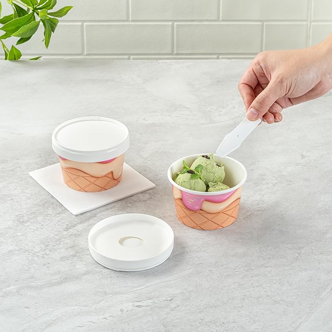 Restaurantware LIDS ONLY: Coppetta 3.82 x 0.63 Inch To Go Cup Lids 200 Durable Ice Cream Cup Lid - With Plastic Spoon For Hot &amp Cold Foods White Paper Disposable Lid For Dessert Cups