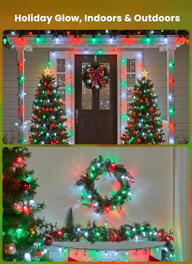 C9 LED Christmas Lights Outdoor 99 Feet 150 LED C9 String Light with 150 Spring Clips Waterproof Connectable Christmas Tree Lights for Outside Roofline Patio Home Xmas Decor Red Green Pure White