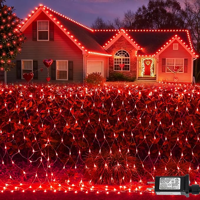 QITONG Red Net Lights Outdoor Mesh Lights 360 LED 12ft x 5ft Christmas Net Light Plug in 8 Modes Clear Wire Bush Light