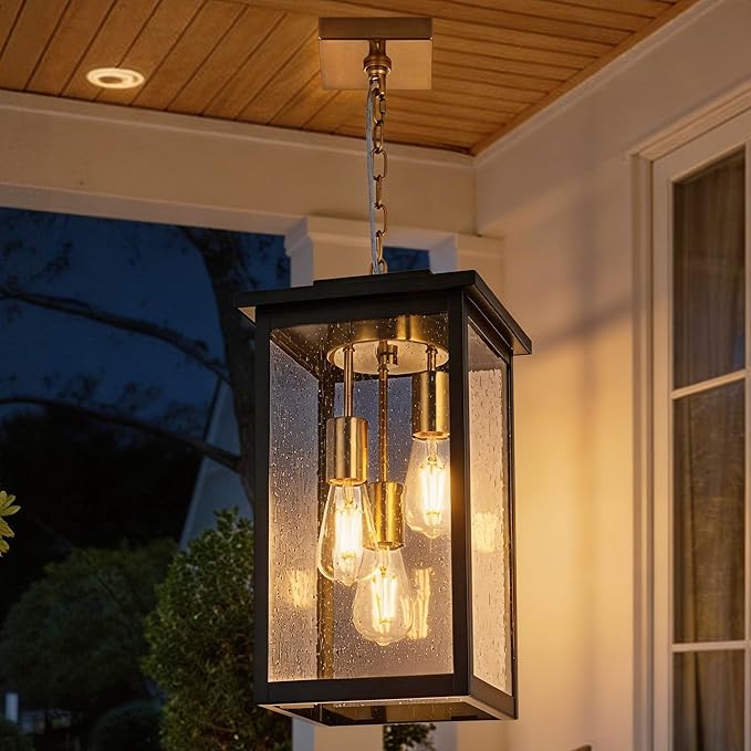 TODOLUZ 3-Lights Large Outdoor Pendant Light Waterproof Exterior Height Adjustable Hanging Lighting with Seeded Glass Panel &amp E26 Bulb Base Modern Porch Ceiling Lamp for Porch Patio Garden