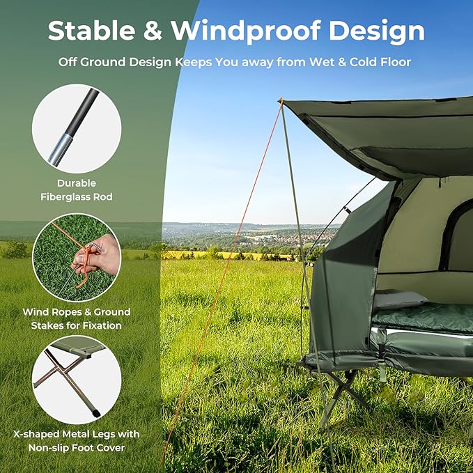 GYMAX Tent Cot 5-in-1 Folding Camping Cot with Mattress &amp Pillows Sleeping Bags Sunshade Camping Tent Elevated with Carrying Bag for Outdoor Hiking Fishing Picnic