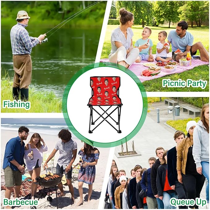 Sinestour Red Custom Photo Folding Camping Chair for Teen Child Personalized Name 14.6×14.6in Portable Outdoor Chair with Carry Bag for Barbeques Travel Lawn