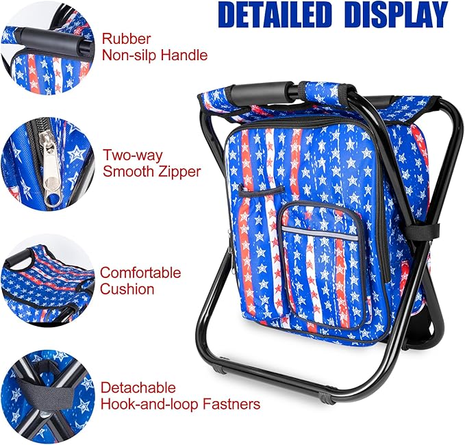Kikerike Backpack Stool Cooler Chair Heavy Duty 300 LBS Max Load Portable Lightweight Stool Backpack Folding Fishing Cooler Seat for Camping Hunting Fishing - American Flag