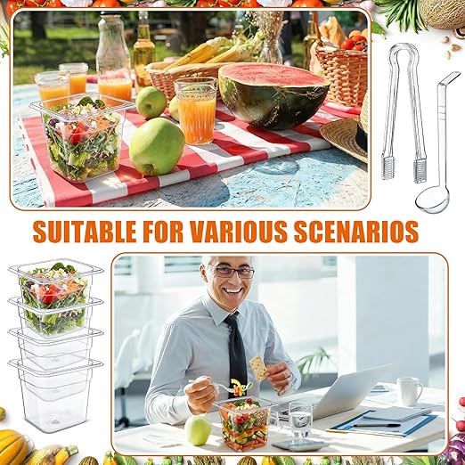 Rtteri 22 Pcs 1/6 Size Clear Plastic Pans Set: 16 Food Prep Containers &amp 2 Tongs &amp 4 Spoons for Salad Bar Buffet Restaurant Hotel Commercial Home for Fruit Vegetable Sauce Bean Corn Deli(6 Inc