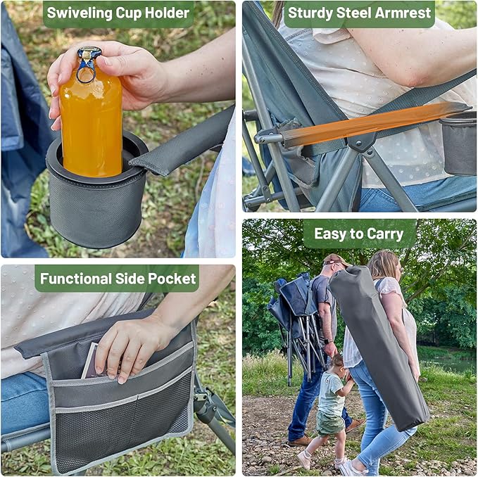 TIMBER RIDGE Oversized Camping Chair with Lumbar Support Portable Folding Chair Heavy Duty for Adults Supports 450 LBS for Outdoor Camping Lawn with High Back Cup Holder Side Pocket Grey