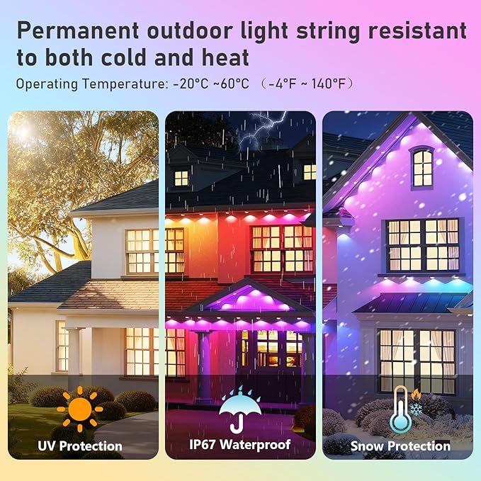 200FT Christmas Permanent Outdoor LightsRGB Eaves Lights with App &amp Remote ControlDIY Multi-Color Scene ModesIP67 WaterproofOutdoor Strings for HouseHoliday Decorations for Christmas