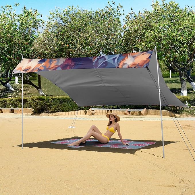 Wolves Colorful Beach Tent Sun Shelter 9.2' x 10.5' Beach Canopy with 4 Sandbags 4 Stability Poles Sand Shovels - Tent Canopy for Beach Camping Fishing Picnics