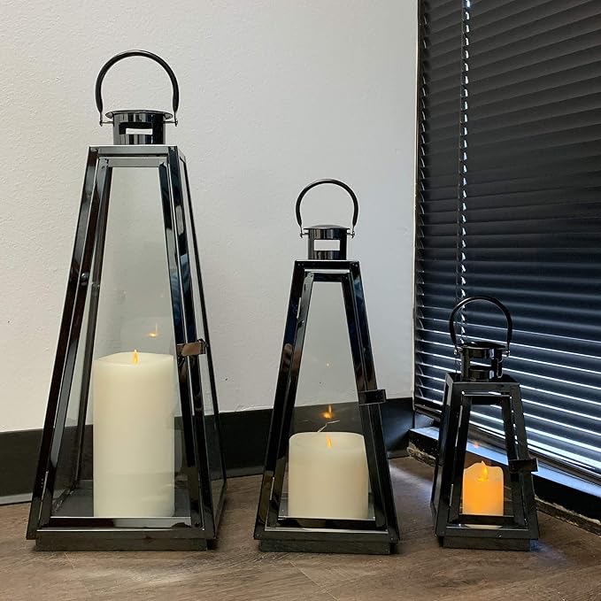 Allgala 3-PC Lantern Set 24 Inch Jumbo Deluxe Modern Indoor/Outdoor Candle Lantern Set Black Stainless Steel Tapered Trapezoid Frame with Tempered Glass for Garden Patio Fireplace Wedding