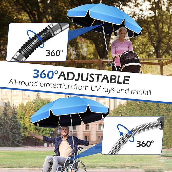 Umbrella 360°Adjustable Protection Stroller 48.8 beach chair umbrella with clamp high UV protection. 3 Adjustable areas 180°+360° for fishing golf beach camping (chair not included)