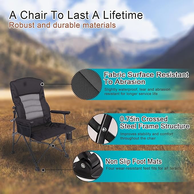 Camping ChairsAdjustable Backrest ChairOversized Lawn Chair Supports 350lbsOut Door Folding Chairs with Side Pockets and Cup HolderIdeal for BeachFishingCampingPatio Relaxation