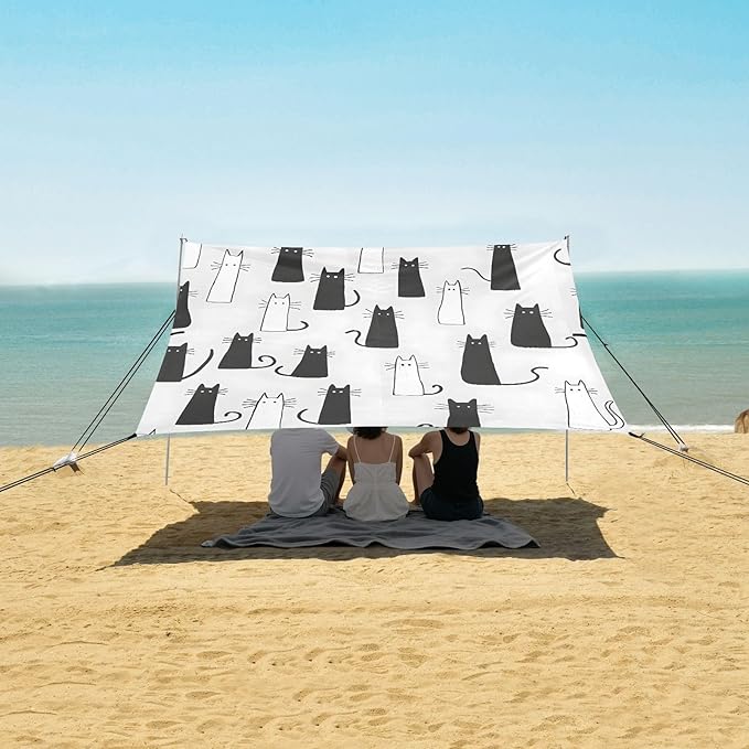 ALAZA Cartoon Cat Kitten Beach Tent Sun Shelter UPF50+ Protection Beach Shade Canopy w/ 4 Sandbags for Outdoor Camping Fishing Backyard Fun Picnic 10x9 ft