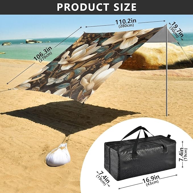 Magnolia Flowers Beach Tent Sun Shelter 9.2' x 10.5' Beach Canopy with 4 Sandbags 4 Stability Poles Sand Shovels - Tent Canopy for Beach Camping Fishing Picnics