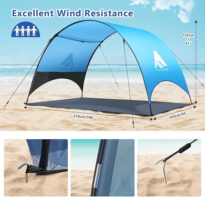 Beach Tent - Beach Shade Canopy Compact Fold (16.9x3.9″) Own Patent 360° Ventilation Large Side Storage Pocket UV Protection Portable Sun Shelter for Beach (Blue 106 * 65 * 61″)