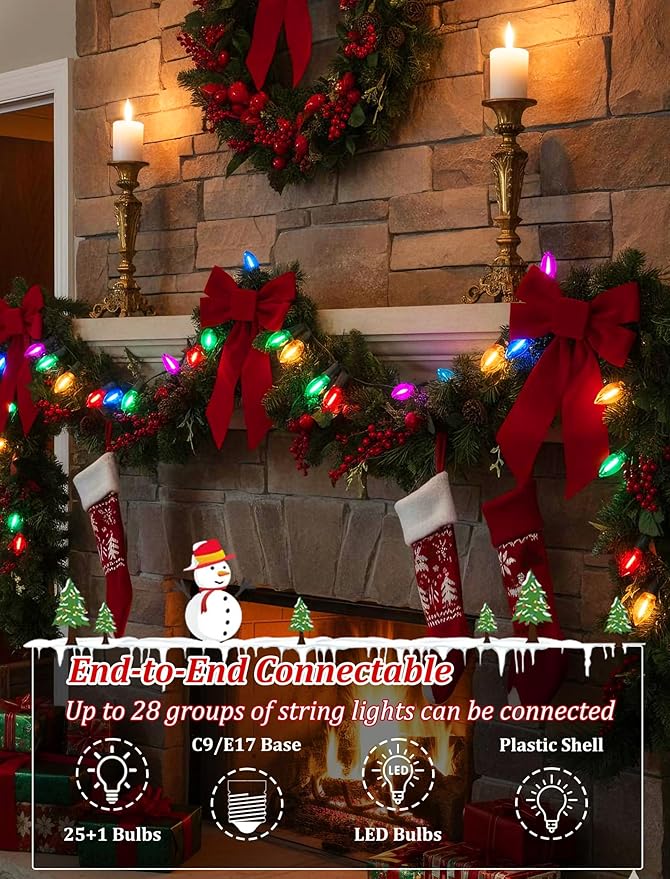 C9 LED Christmas String Lights 25FT Vintage String Lights with 27 C9 Clear Multicolor LED Bulbs Outdoor Hanging Christmas Lights for Xmas Tree Patio Party Roofline Decor - Green Wire