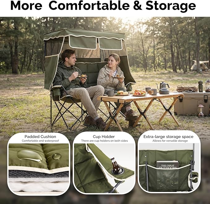 VINGLI Oversize Double Camping Chair with CanopyBeach Chair with Canopy Shade Portable Camping Loveseat with 2 Storage Bags for Outdoor Soccer Sport Events Beach or Camping