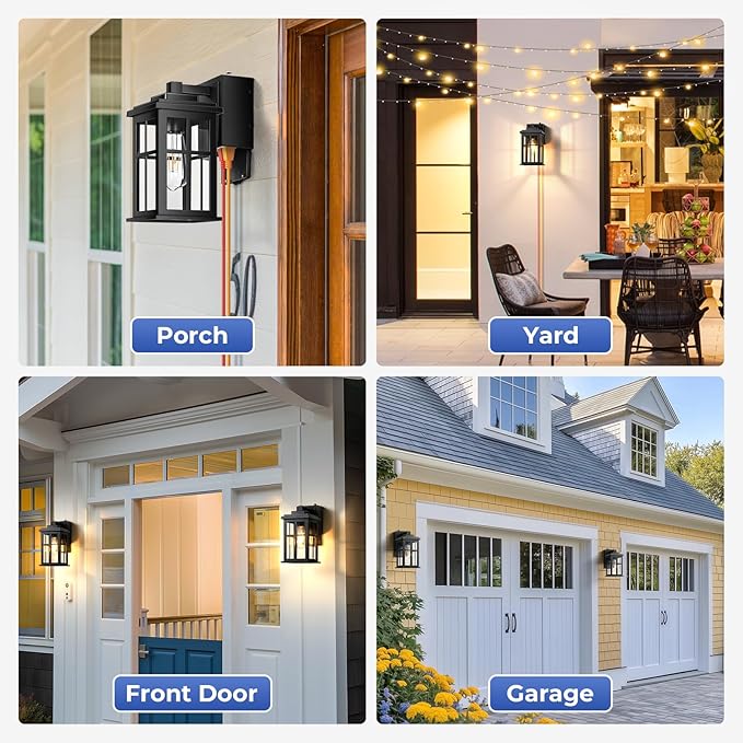Porch Light with GFCI Outlet Black Dusk to Dawn Outdoor Lighting Waterproof Exterior Lighting Fixtures Outdoor Light with Outlet for House Garage Backyard Easy Installation Waterproof