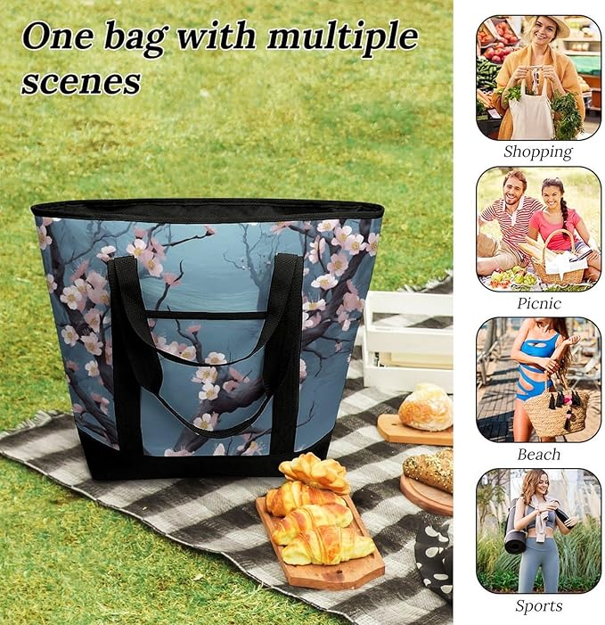 Insulated Shopping BagLarge Reusable Cooler Bags Cherry Blossom Printed Foldable Shopping BagTravel Waterproof Shoulder Bag