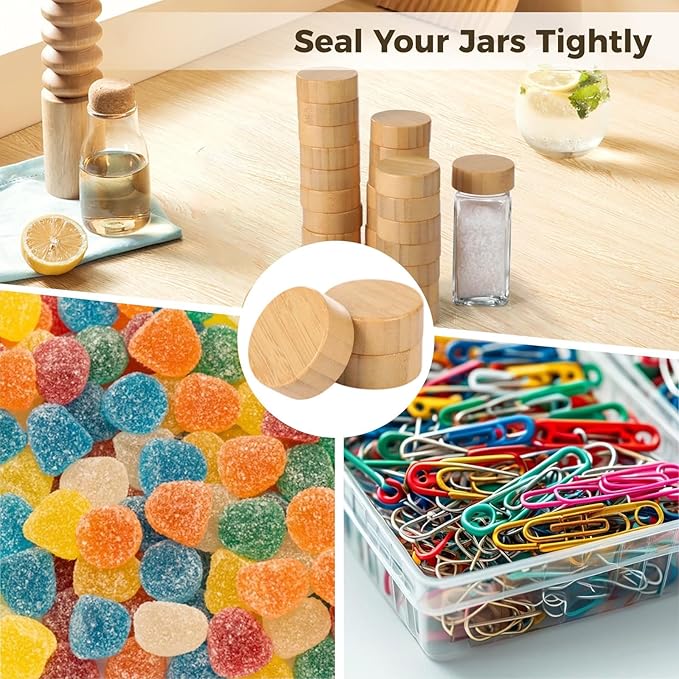 28 Pcs Wood Jar Lids Diameter Inner 1.6 Inches 4 Oz Spice Jars for Spice Jars Airtight Kitchen Jars Sealing Good Can Wooden Reusable Lids