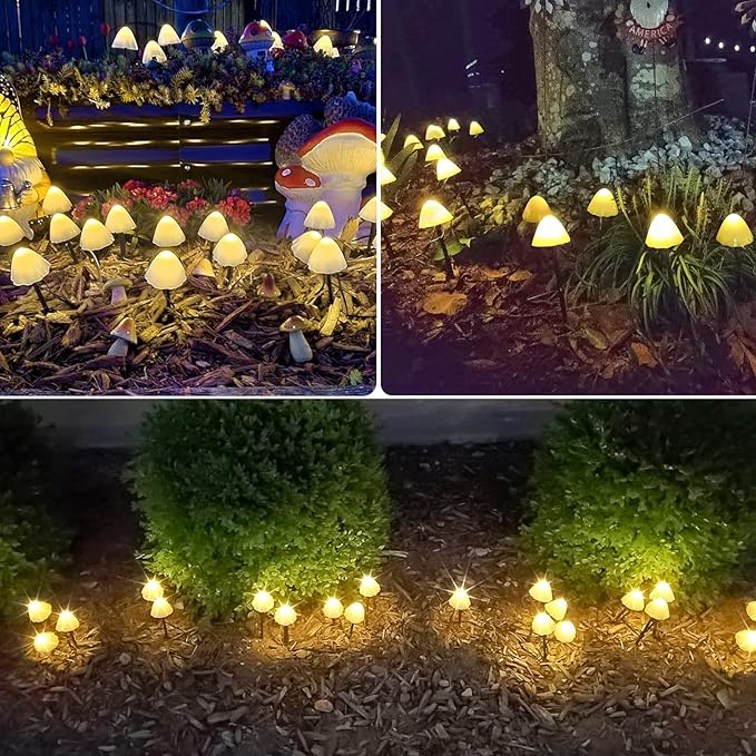 OZS 2PK 32LED 55FT Mushroom Solar Garden Lights Outdoor Solar String Lights Waterproof with 8 Lighting Modes Solar Garden Decor for Outside Pathway Light for Yard Decoration (Warm White)