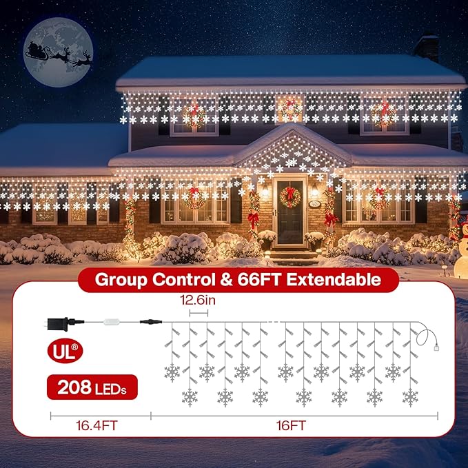 16FT Smart Icicle Lights with Snowflake for Outside App Control DIY Color Changing 16 Drops 208LEDs Outdoor Christmas Lights Plug In Window Curtain Light for Room Roofline Eaves Patio