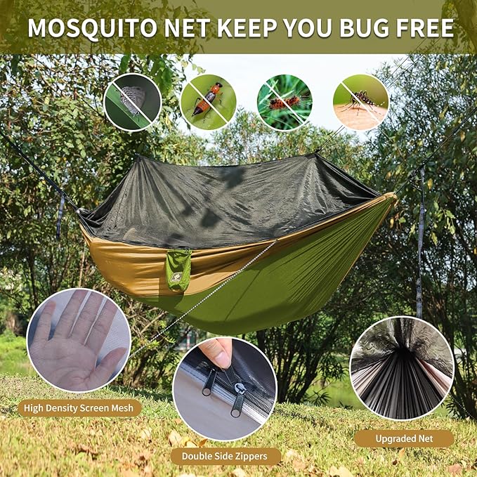 Camping Hammock with NetPortable Lightweight Double Hammocks with Tree Straps and Solid D-Shape CarabinersParachute Nylon Hammock for Backpacking Beach Backyard Patio Hiking Green&ampKhaki