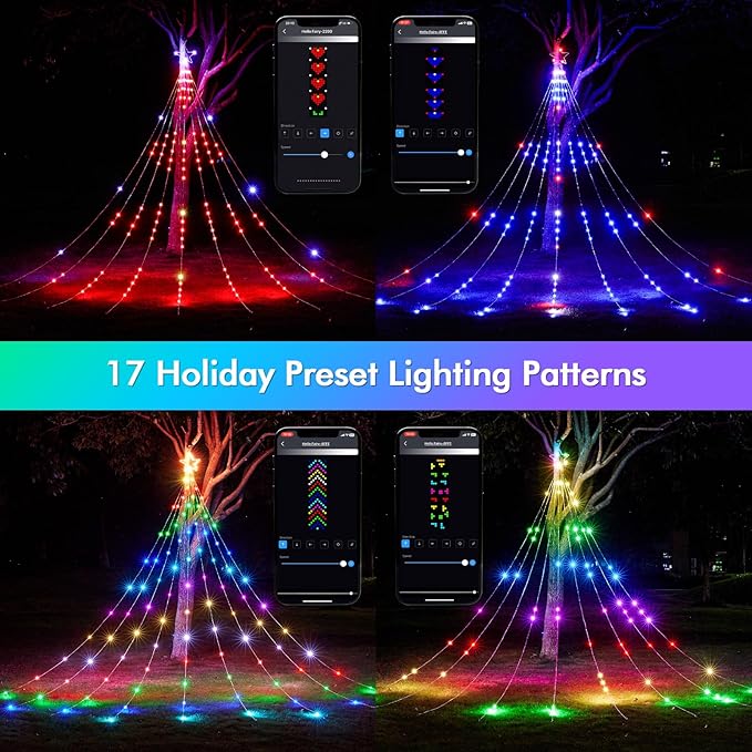16.4FT Outdoor Christmas Decorations Smart RGB Color Changing Christmas Hanging Waterfall String Lights APP Remote Control DIY Multi-Color Lightshow Music Sync Outside Xmas Lights Decor