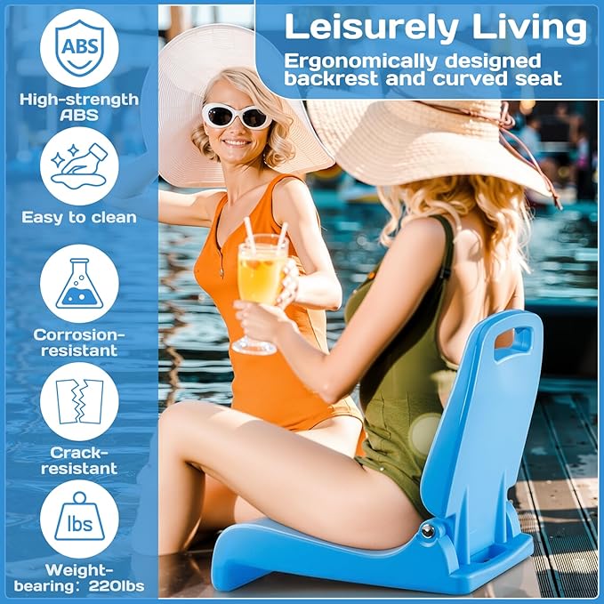 4 Pcs Pool Chairs Foldable Poolside Chairs for Edge of Pool Portable Seat for Outdoor Beach Stadium Durable ABS Plastic with Back Support (Blue)