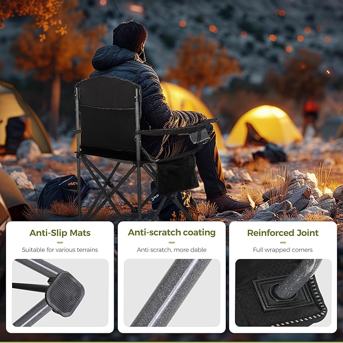 ALPHA CAMP Oversized Camping Folding Chair - Heavy Duty Steel Frame Support 350 LBS Collapsible Padded Arm With Cup Holder Quad Lumbar Back Portable for Outdoor/Indoor