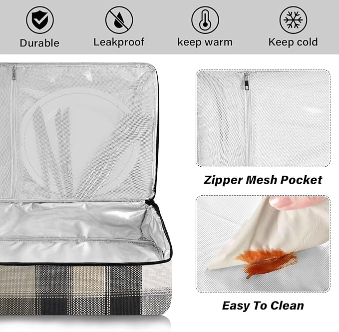 Casserole Carrier Black White Brown Tartan Plaid Insulated Casserole Carrier for Hot or Cold Food Thermal Lunch Tote for Parties Picnic Travel Carry Bag